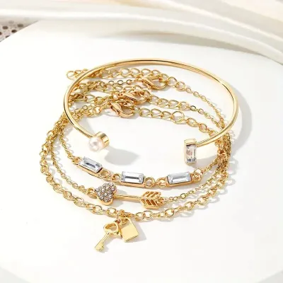 Key Pearl Arrow Heart Charm Cuff Bangle Bracelet Set (4 pcs)